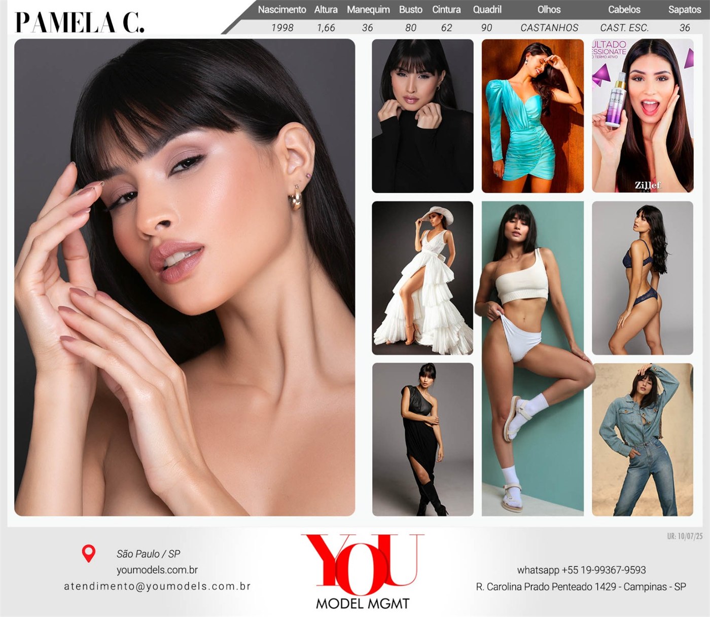Composite de exemplo da YOU Models: foto principal, medidas e jobs realizados